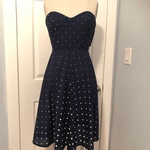 1970s strapless navy blue dress w/ polka dots